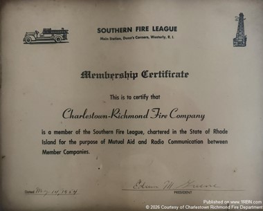 Historic Certificate Marks Start of Southern Fire League Membership