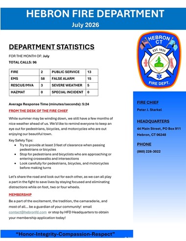 Hebron Fire Department Reports 96 Calls in July